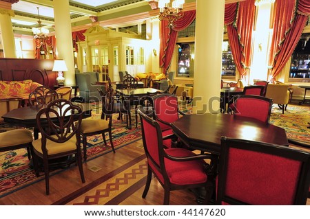 Historic victorian style hotel lobby interior look