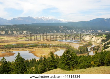 Spring view of canadian rocky mountains and river valley in the kootenay national park at radium hot springs, british columbia, canada