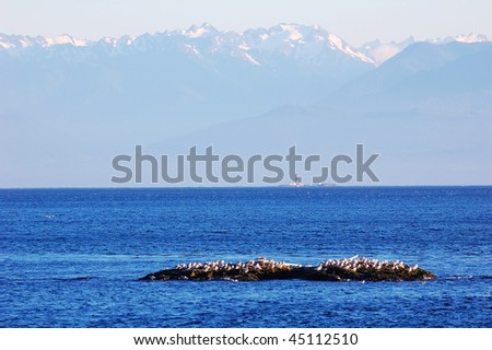 View of an small island in strait and far mountains in sunset, victoria, british columbia, canada