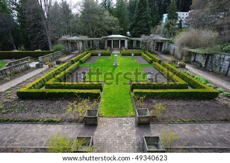 garden of  the historic hatley castle (built in 1908) at the city colwood in vancouver island, british columbia, canada
