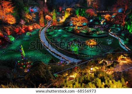 Beautiful sunken garden night scene in Christmas in historic butchart gardens, victoria, british columbia, canada