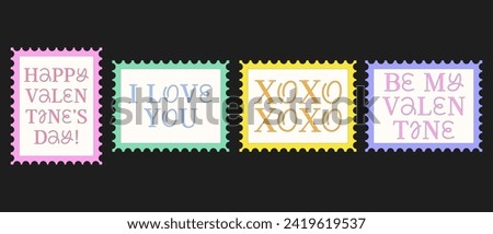 Set of Y2K Lovely Postage Stamps. Trendy Love Stickers. Happy Valentine`s Day. 14 February. Cool Patches Collection.
