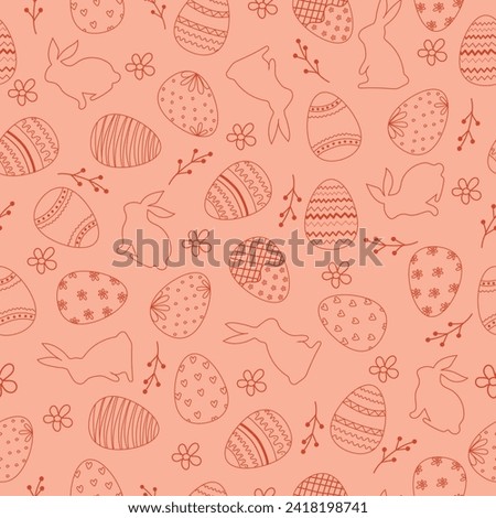 Seamless Easter peach background with Easter eggs, flowers and bunnies. Vector.