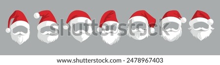 Set of Santa Claus hats. Red Santa hats with beard and mustache. Vector.