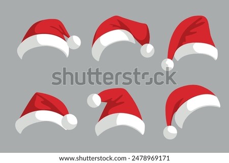 Set of Santa Claus hats. New Year hats. Vector.