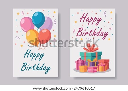 Happy Birthday cards with balloons and gifts. Template for postcard, poster, flyer, banner. Vector.