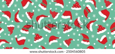 Hand drawn Christmas seamless pattern with Santa hats, great for textile, banners, wallpaper, packaging. Vector.