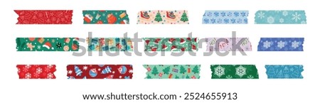 Collection of Christmas washi tapes. Colorful New Year strips for scrapbooking, sticky labels and decorative tape. Border elements, paper stickers