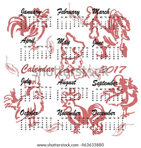 Calendar 2017 Chinese New Year Of The Rooster. Vector Illustration