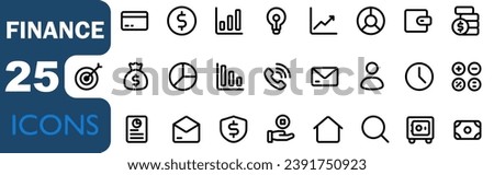 Set of bold line icons related to finance, money, bank, graph, chart, insurance. Outline icon collection. Vector illustration.