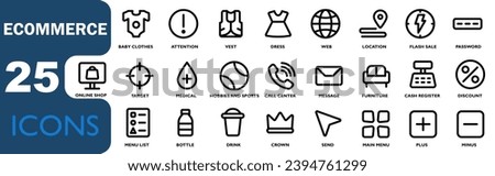Ecommerce outline icon set. collection of icons for online shops, containing discounts, web, location, flash sale,call,menu,add to cart,list,cash register,drink.icon set outline.