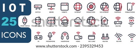 
IOT icon set contains router, internet, website, globe, cellphone, database, server, cloud, server, IOT, wifi, camera, NFC.line color icons collection. for apk, web and other designs.