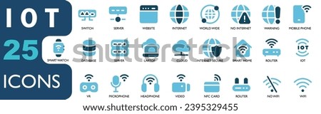 
IOT icon set contains router, internet, website, globe, cellphone, database, server, cloud, server, IOT, wifi, camera, NFC.flat color icons collection. for apk, web and other designs.