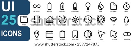 user interface icon set. contains battery, charging, bulb, clock, moon, folder, file, wifi, cursor, map. icon style outline. vector collection for web, app and others.