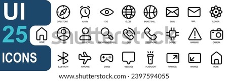 ui icon collection. contains icons of DIRECTIONS, alarm, eye, globe, email, mail, flower, menu, home, user, search, telephone, camera, warning, bluetooth, plane, game, message. outline icon style.