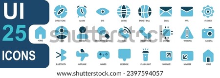 set of UI icons flat color. contain user, search, telephone, camera, warning, bluetooth, plane, game, message. outline icon style