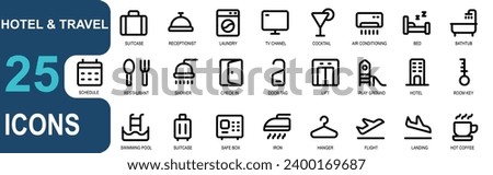 hotel icon set.thick outline style. contains  suitcases, reception, laundry, tv channels, cocktails, ac, bed,restaurant,door, check in, door hanger, lift, swimming pool,flight, landing, hot coffee.