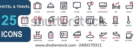 hotel icon set. travel icon set. 2 color line style, vector design for your app and web