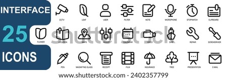 collection of interface icons with outline style, containing cctv, eco, user, filter, edit, mic, alarm, clipping, flower, map. duo tone style, interface collection vector.