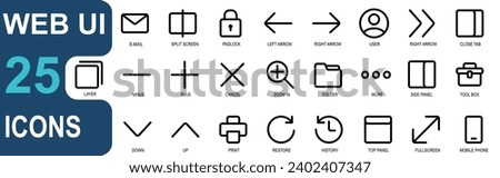 web ui icon set.simplea outline style. contains email, split screen, padlock, arrow, back, next, user, profile, forward, slide screen, duplicate. vector graphics collection. suitable for UI and websit