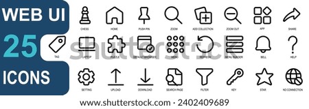 
-web ui icon set.outline style. contains game,chess,push pin,tag,magnifying,search,add collection,zoom out,menu,application,share,tag. vector graphics collection. suitable for UI and websites.