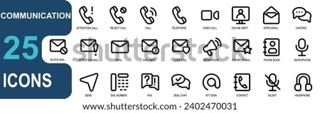 icon set.outline style.contain call alert, blocked call, calling, telephone, call, telephone contact, video call, online meeting, open email, chat.good illustration vector.editable stroke.