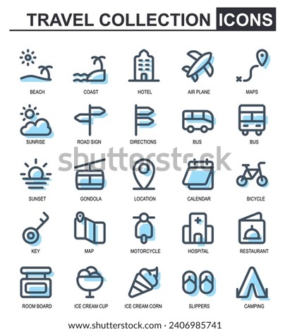 icon set travel.filled line style.contain beach,Coast,hotel,airplane,resort,map,sunrise,tent,ice cream,bus,direction,sunset,gondola,calendar,date,bicycle.editable stroke vector.