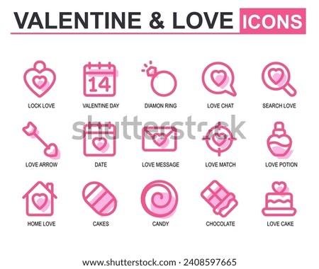 valentine vector illustration.pink color fill.contains padlock,valentine date,calendar,rink,chat,search,arrow,letter,target,perfume,house,chocolate,cake.editable stroke icon set.suitable for love web.