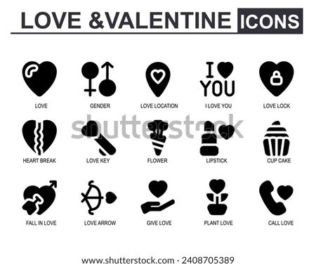 Illustration vector graphic of valentine.solid black style.contains.heart gender,iloveyou,location,broken heart,beautiful,cupid,arrow,phone,love.suitable for love app icons.