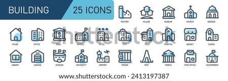 building icon collection.filled line style.contains museum,church,mosque,casino,shop,market,hospital,office,library,garage,university,airport,prison,tent,temple.good for websites and applications.