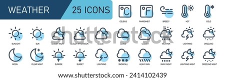 weather icon set.filled line style.filled wind,storm,weather,cloud,rain,celsius,fahrenheit,sun set,sinrise.vector weather illustration.suitable for weather forecast.

