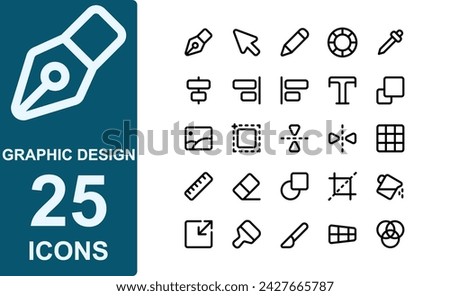 icon set graphic design tools.thick outline style.contains artboard,flip vertical,flip horizontal,mirror tool,grid,ruler,eraser,shape,cut.vector illustration.
