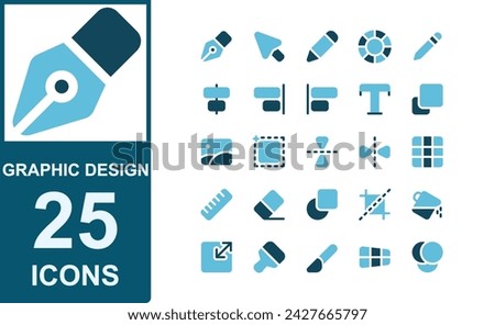 graphic design tool set icon. duo tone style. flat blue. contains pen, pencil, cursor, move tool, color circle, color picker. suitable for your web design.
