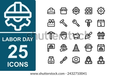 labor day .bold outline style.contains helmet,labor day,tool box,brick,gear,factory,hammer,wrench,bolt,mayday,calendar,pickaxe,fist,wheel barrow,spade,barrier,flag.