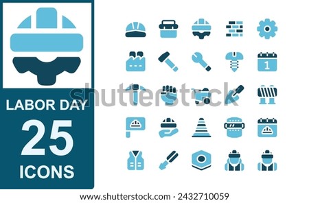 labor day icon set.duo tone style.contains helmet,labor day,tool box,brick,gear,factory,hammer,wrench,bolt,mayday,calendar.vector illustration.