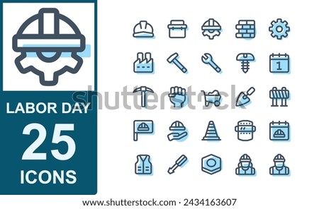 modern style labor day set.lineal color.contains hammer,wrench,bolt,mayday,calendar,pickaxe,fist,wheel barrow,spade,barrier,flag.vector illustration.