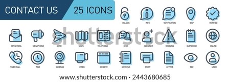 filled line style vector contact us. contains unlock, info, notification, map,, phone time, clock, time, webcam, video, website. icon set contact us, interface.