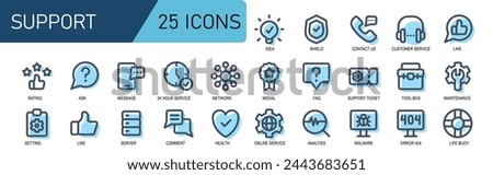 icon set support.style filled line.server,comment,discussion,healthy,likes,online service,analysis,malware,error 404.vektor illustration.