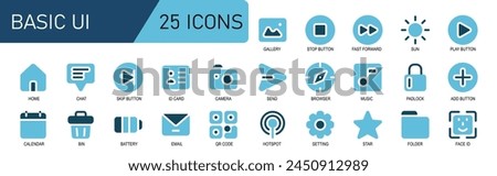 icon set solid style.color blue duo tone.contains browser,music,key,add button,plus,calendar,bin,trash location,battery,email.