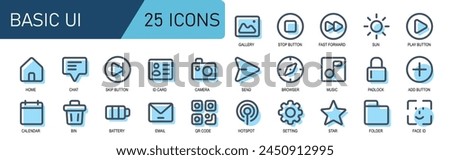 UI icon collection .blue line field style.contains ,email,barcode,scan,hotspot,settings,gear,star,folder,face ID.good for application ui.