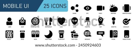 vector illsutration ui.icon set ui black solid tyle.simple style icon ui .contains ,game,push pin,drop pin,checklist,done,adjust,medicine,book,night mode,moon ,flashlight,fast food