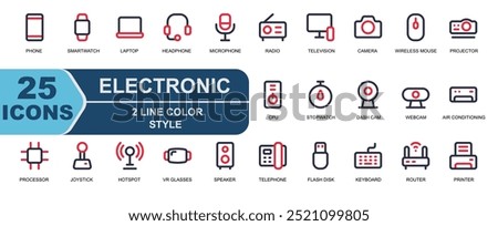 25 electronic icons.style 2 line color.phone,cellphone,smartphone,stopwatch,clock,webcam,camera.
