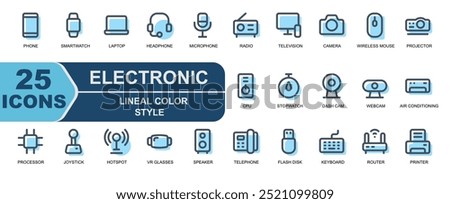 electronic icon collection.linel color style.contains mic,radio,television,smart TV,camera,photo,mouse,wireless mouse,projector,cpu,computer,processor,chipset,joystick,game,hotspot,wifi.
