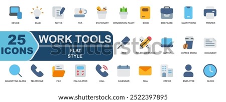 25 work tool icons. Flat style. Consists of book,journal,briefcase,smartphone,printer,pen,writing,ruler and pencil,laptop,coffee break. 

