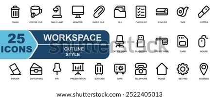 workplace icon set.outline style,line tbeal.contains trash,delete,coffee break,coffee cup,table lamp,monitor,desktop,paper clip,file,document,checklist,task.