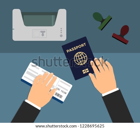Biometric passport control flat vector illustration. A man with a ticket and passport passes the point of scanning documents. The concept of visa-free regime, travel, business trip, passport control