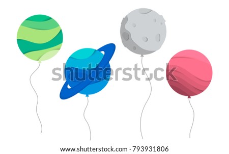 Vector illustration of planet ballons. Concept for a greeting card, birthday card. Cosmic Planet paper cut, paper art. Planet and satellite double exposure 