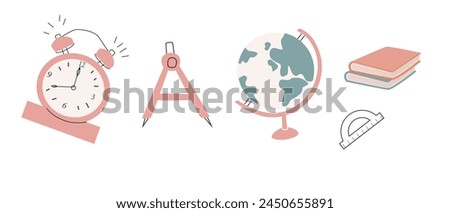 School and education icons vector set. School globe, book, compass tool, ruler, alarm. Vector illustration can used for textile, poster, fabric design. 