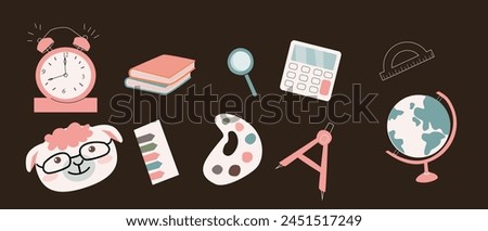 School and education icons vector set. School globe, book, compass tool, ruler, alarm, sheep animal character. Vector illustration can used for textile, poster, fabric design. 