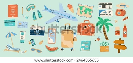 Summer vacation plane and other journey or trip elements for flight and travel to sea. Beach summer stickers palm, sunbed, umbrella, camera. Luggage, phone and paper map, airplane, suitcase and wallet